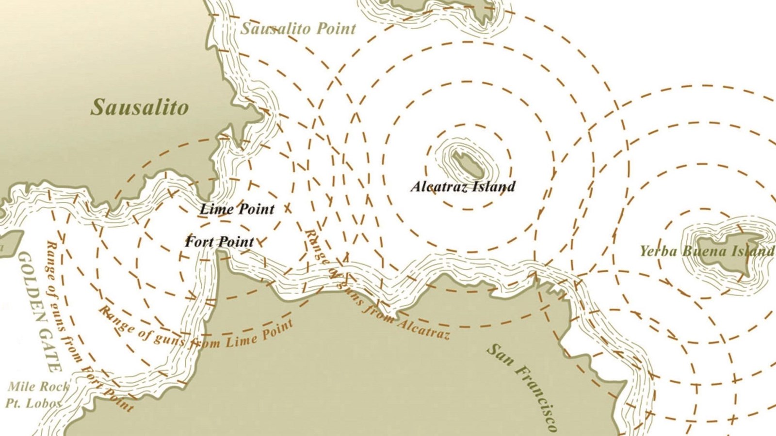 Graphic depiction of the gun ranges from different military installations in the bay area.
