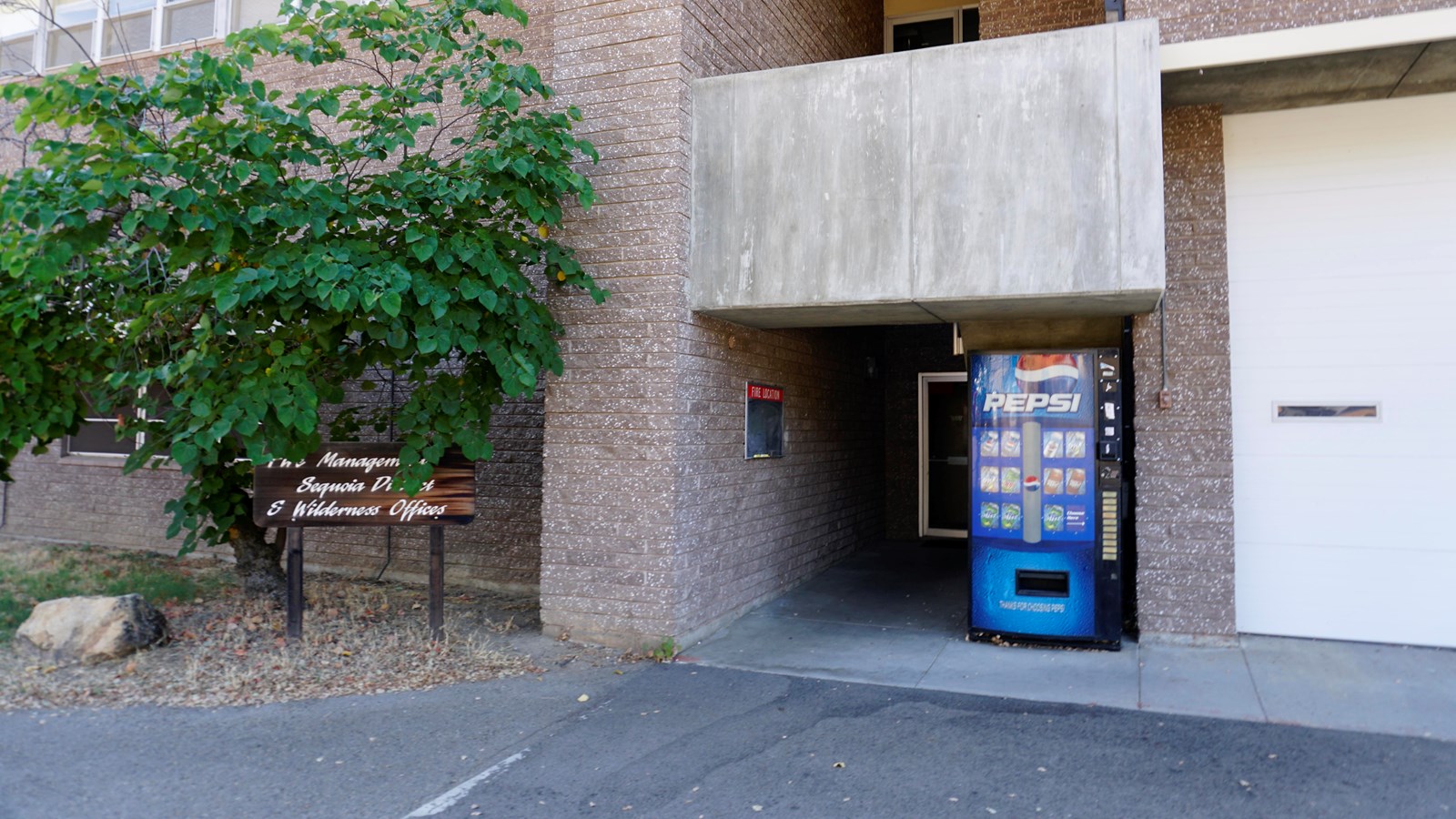 A grey building with windows on the second floor , a garage door is on the right, a tree on the left