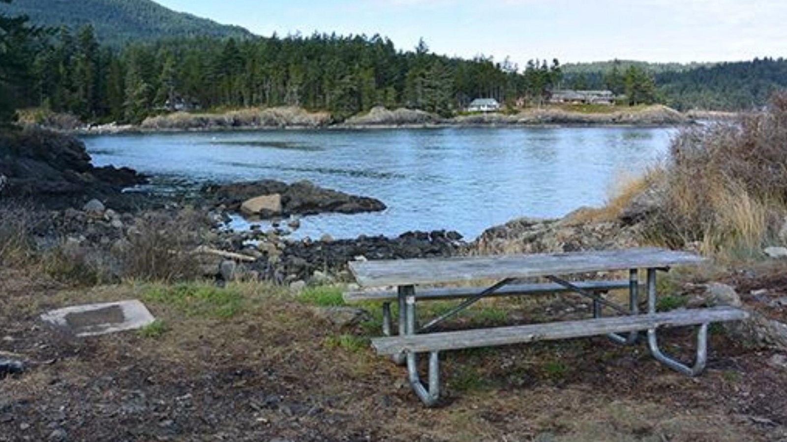A picnic table overlooking the water