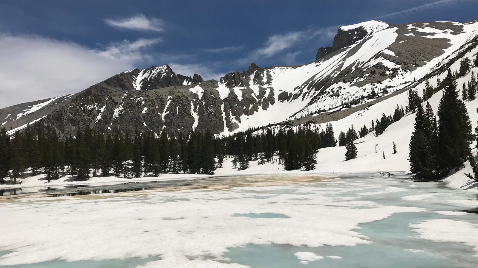 Stella Lake in early spring with snow and ice