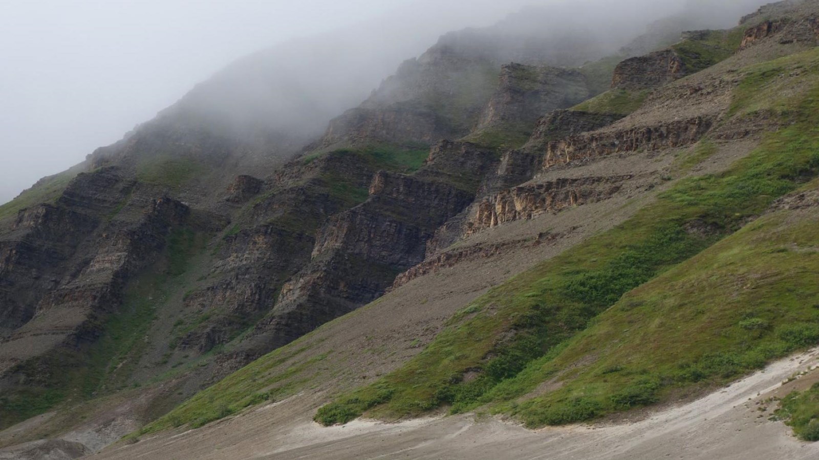 Slopes of a dark grey mountain ridge descend into a valley of ash.