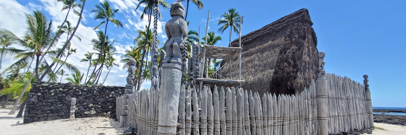 The Hale o Keawe temple complex with thatched hale, carved kiʻi images and wooden palisade.