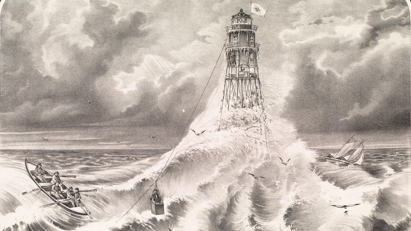 Drawing of a lighthouse, a structure built on beams high over a rough sea with boats surrounding it