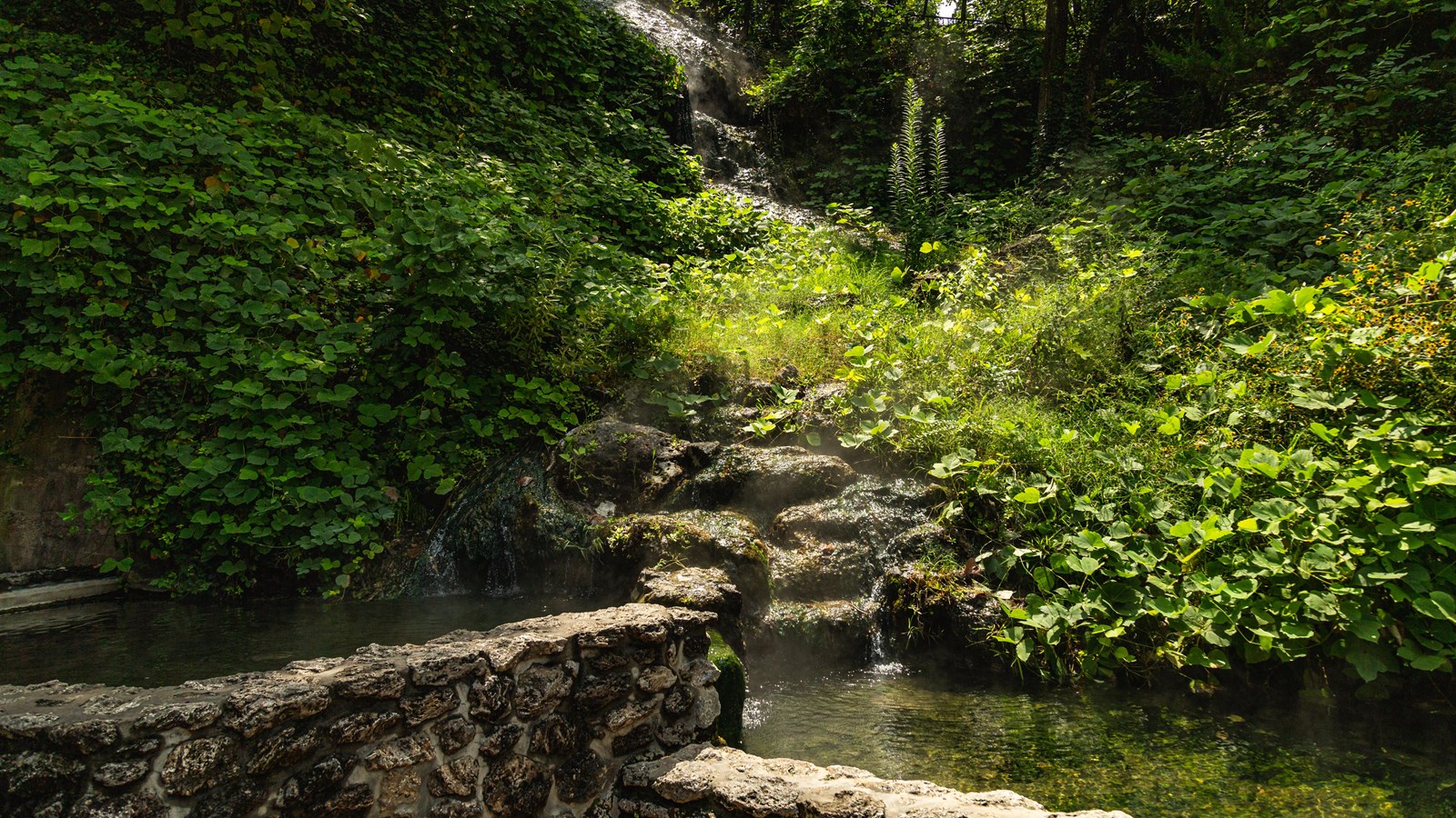 Hot spring water cascading down rock into a display pool