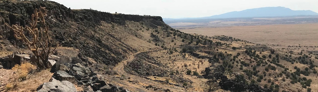 A dirt road leads down steep desert escarpment.