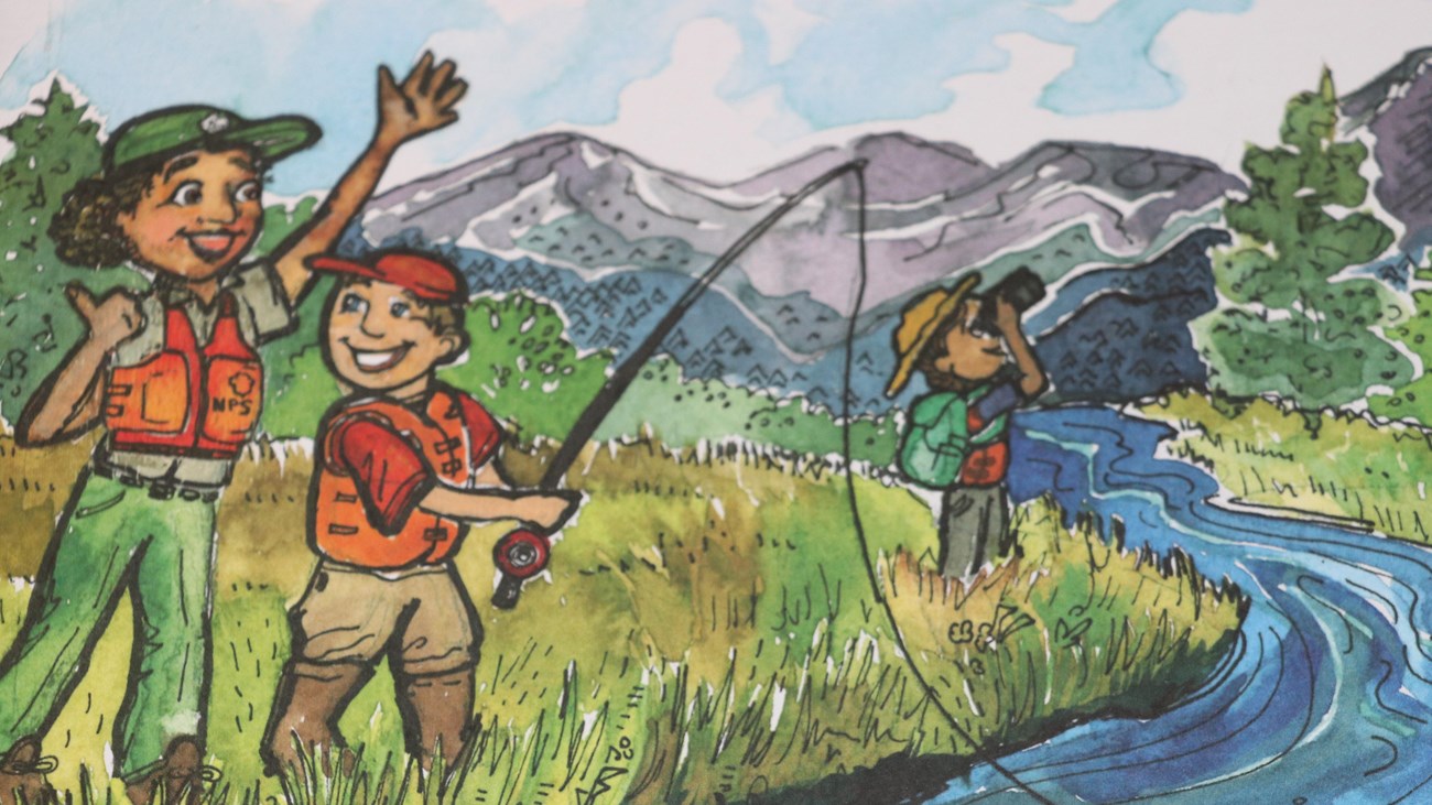 A drawn picture of a Ranger with a child fishing by a mountain river. 