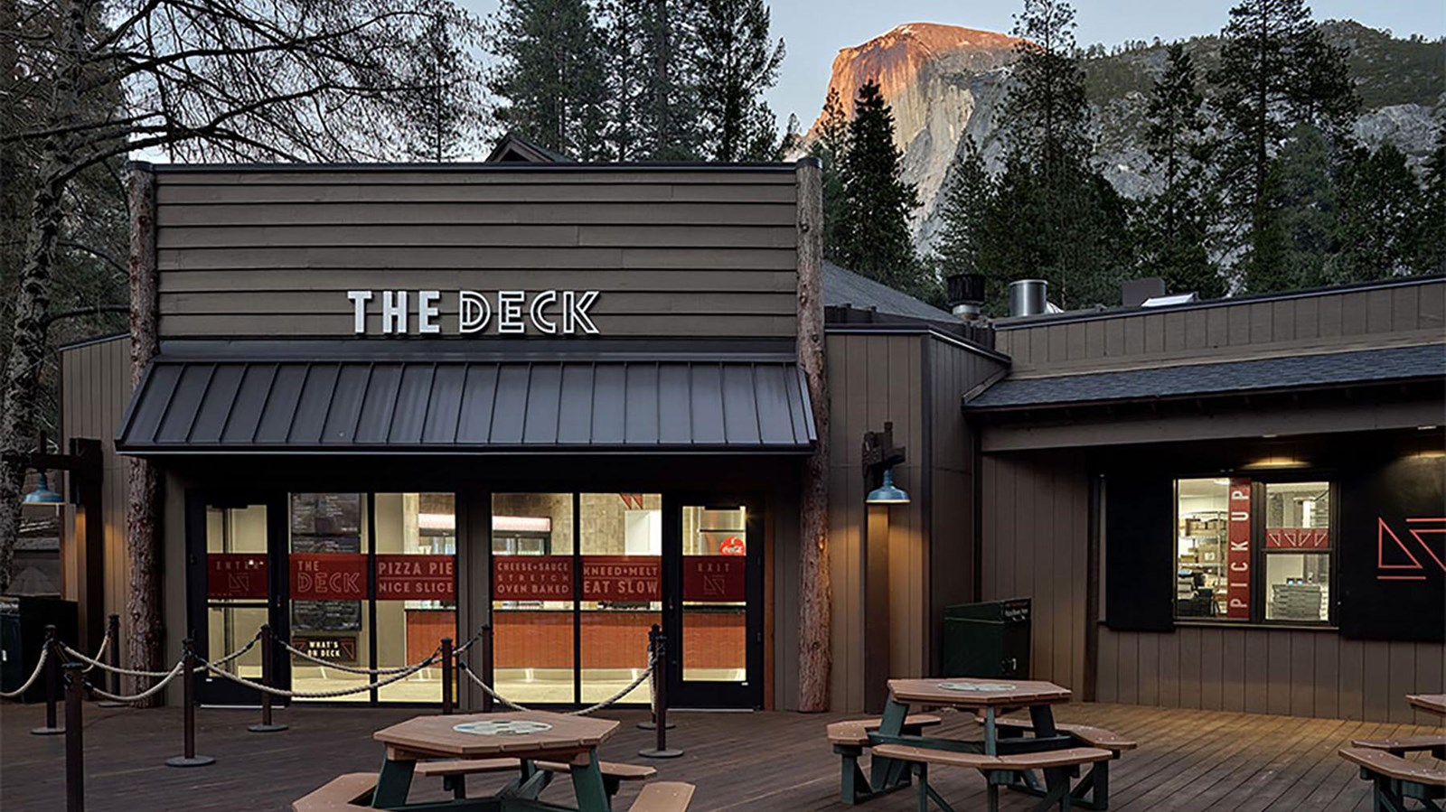Exterior of the pizza deck with Half Dome in the background