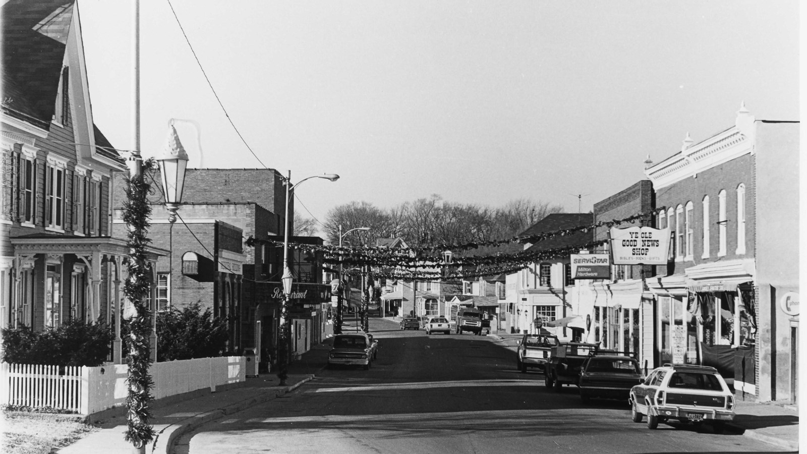 Historic downtown street decorated with garland