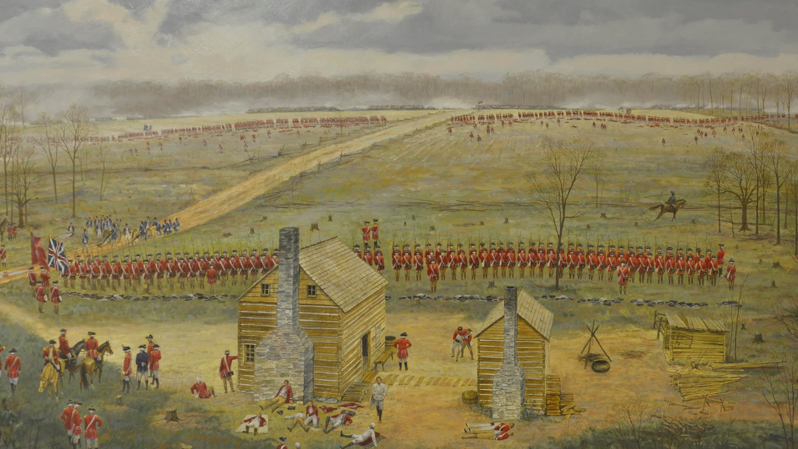 A painting of British soldiers standing in formation in front of a colonial era house and kitchen
