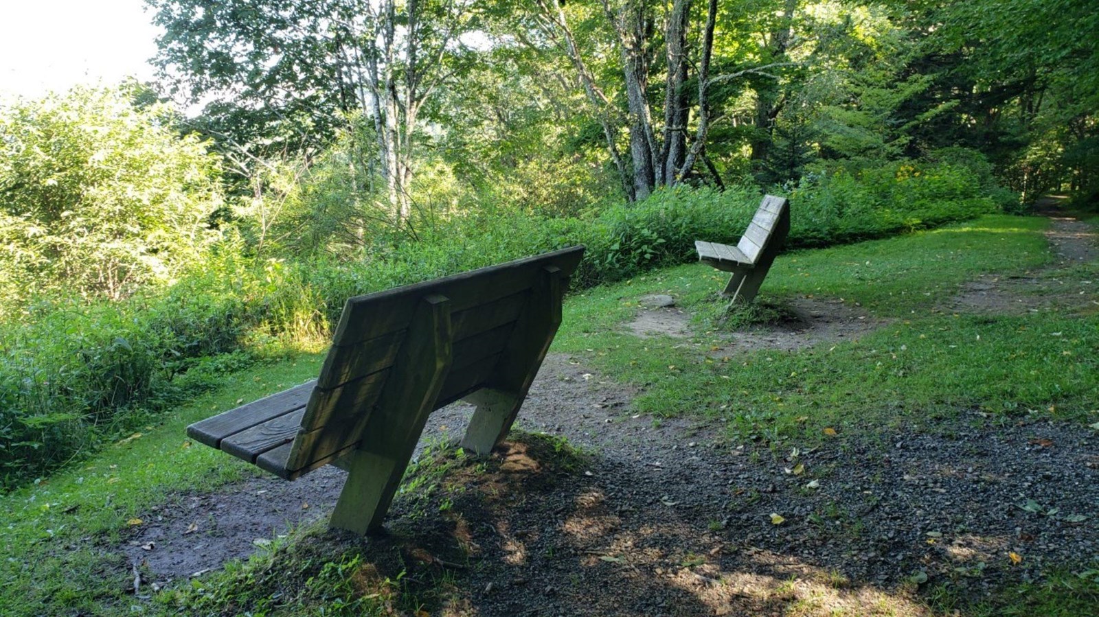 Two wooden benches face out to a viewing area