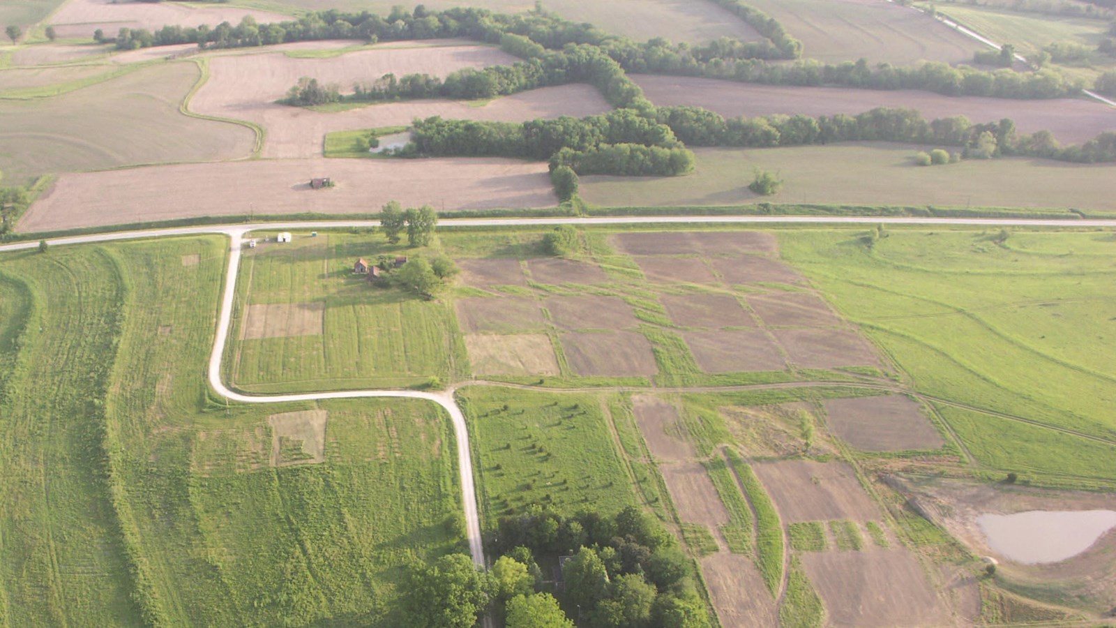 Aerial photograph of agricultural fields and a road that bisects them in a zigzag. 