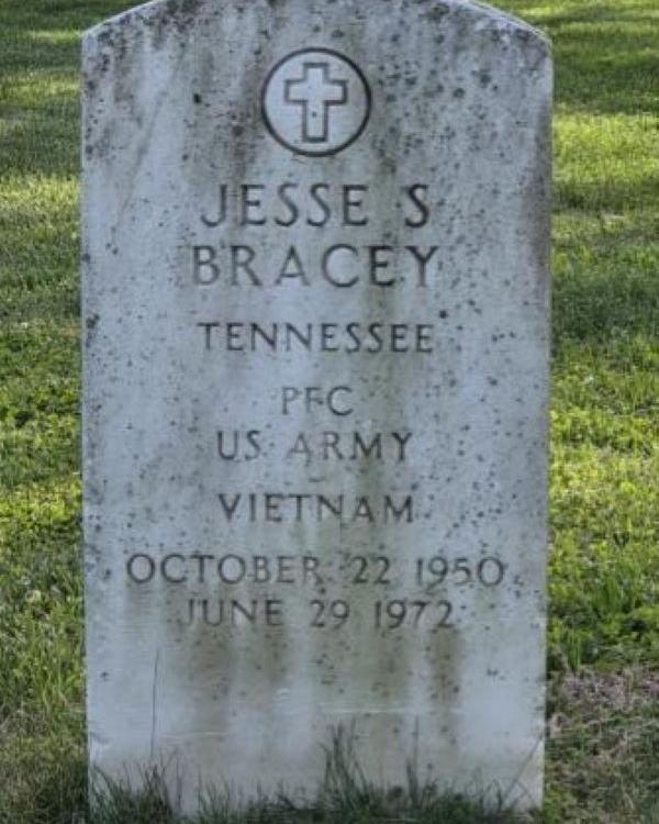 Marble headstone belonging to Vietnam veteran Jesse Bracey. 