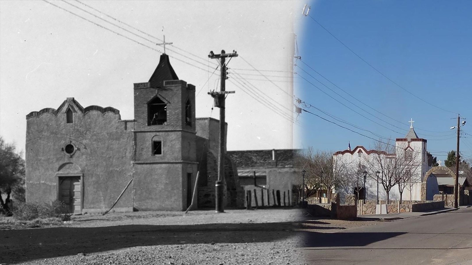 A historic image of an old adobe church next to a current image