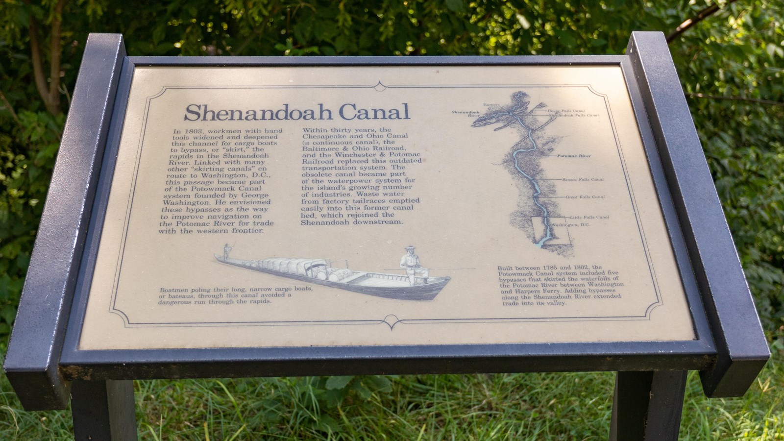 Wayside exhibit with image of two boatmen standing fore and aft on a long, narrow boat with cargo.
