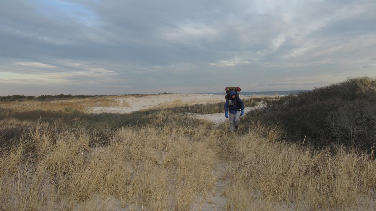 A man with a large backpack walks through sandy trails, dunes, and thickets.