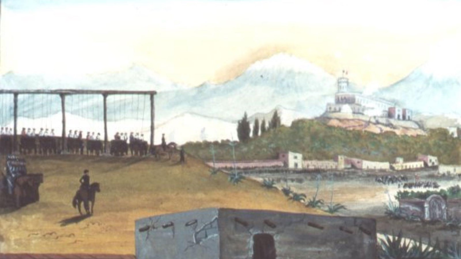 color engraving of a mass hanging on a large gallows in front of a castle and mountain.