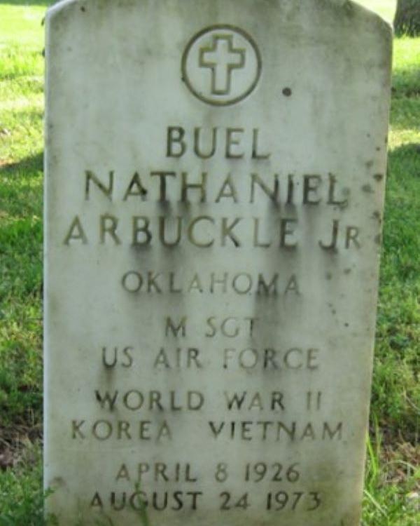 Large marble headstone belonging to USAF veteran Buel Arbuckle Junior. 