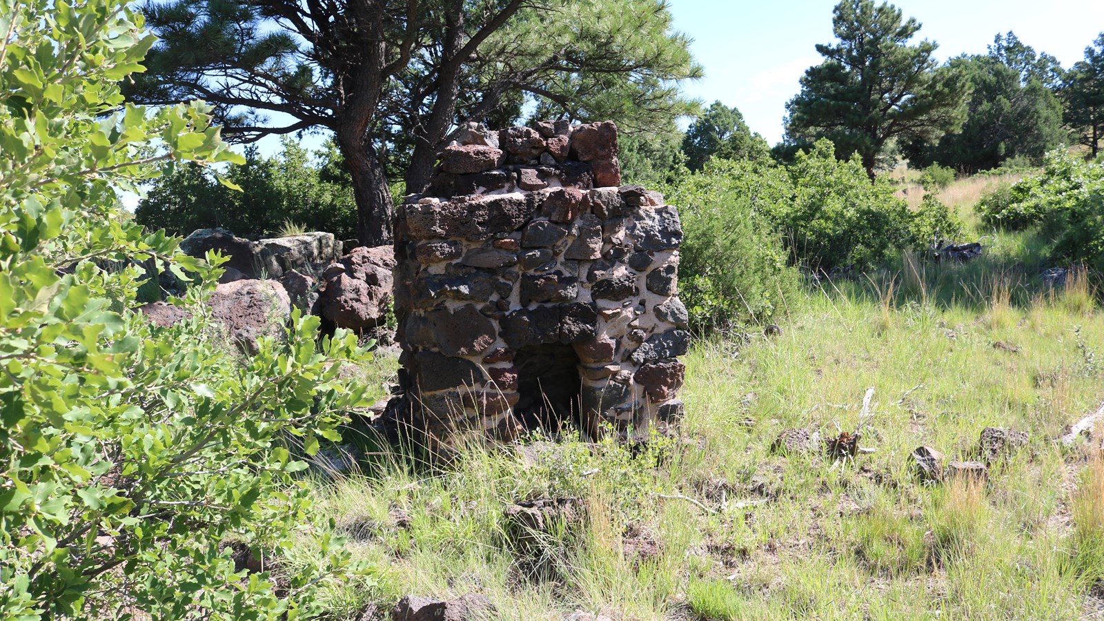 6 foot tall and 4 foot wide chimney made of lava rock in prairie grass near a ponderosa pine tree