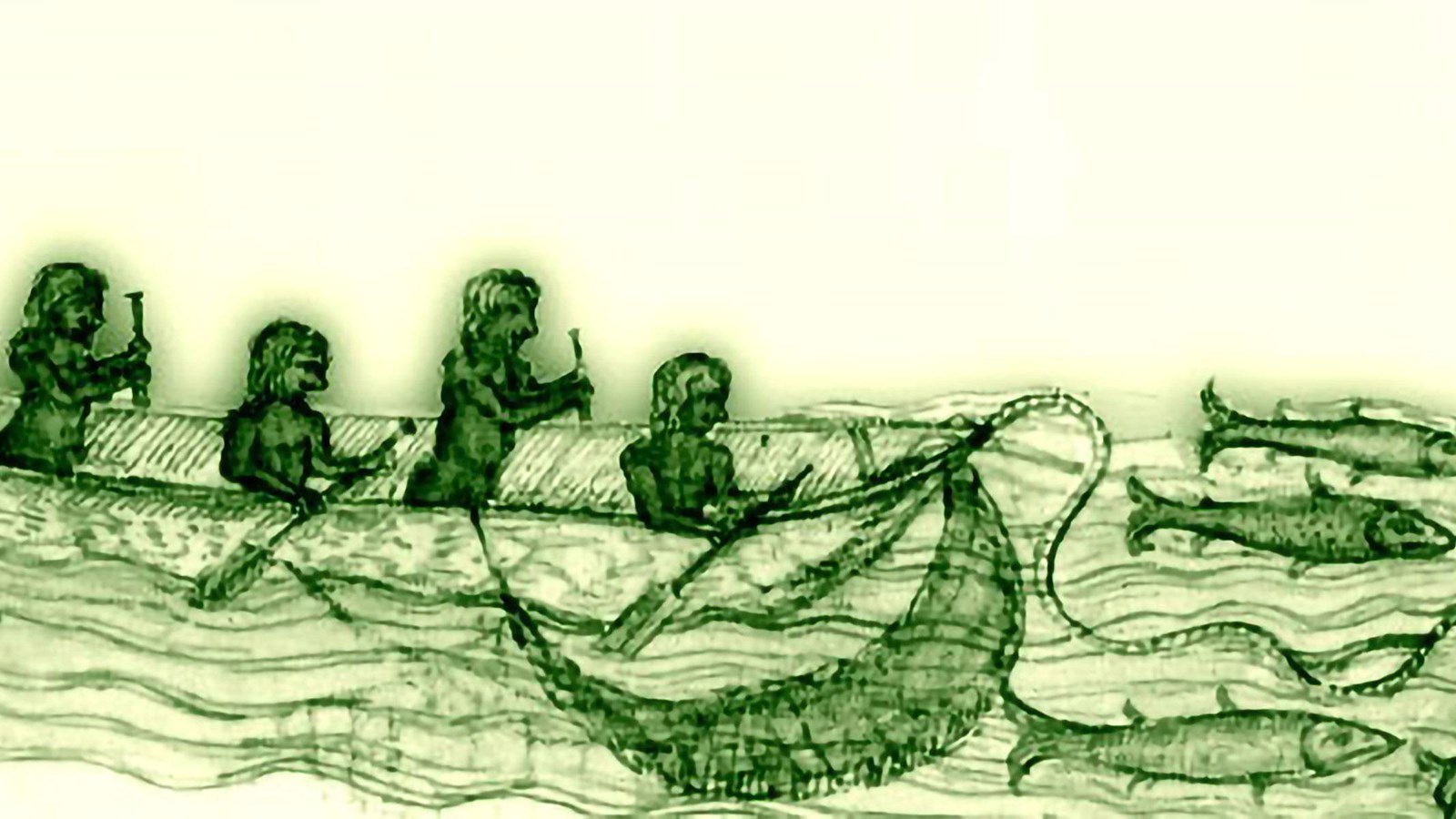 Illustration of Indigenous Caribbean people traveling and fishing from a dugout canoe.