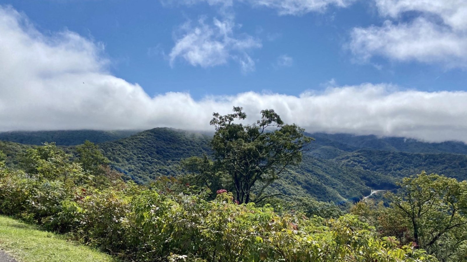 Green layered mountains bathed in sunlight and topped with white clouds