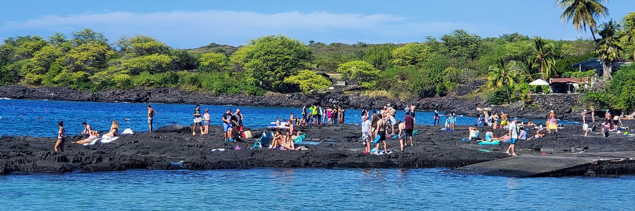 Snorkelers gather on the black lava rock shoreline among the blue waters of Hōnaunau Bay.