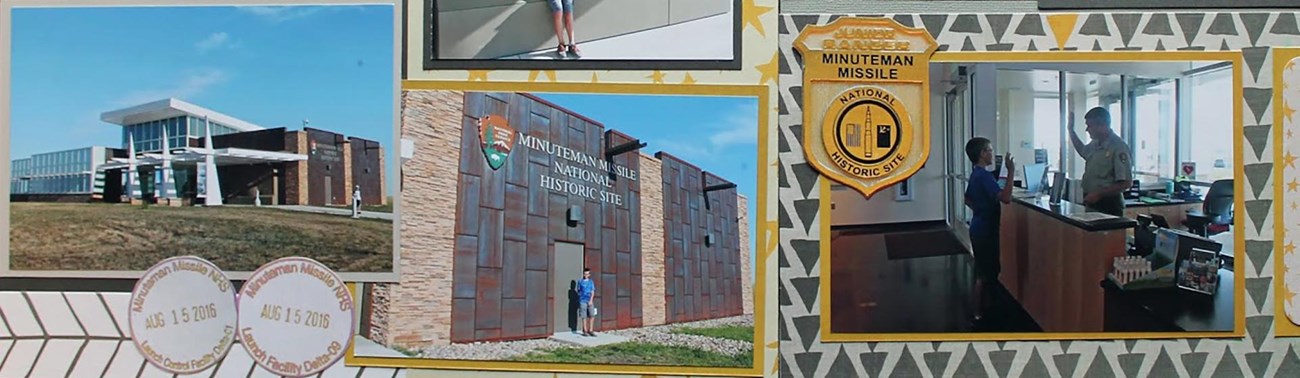 Scrapbook page with park images and passport stamps