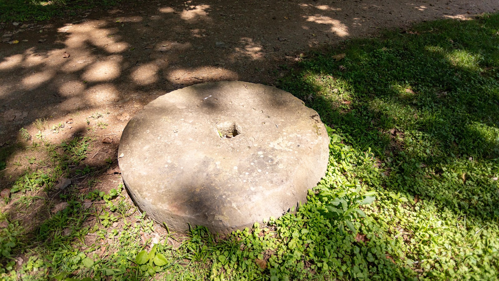 A grey circular slab of concrete sits on the ground in the grass next to the sidewalk