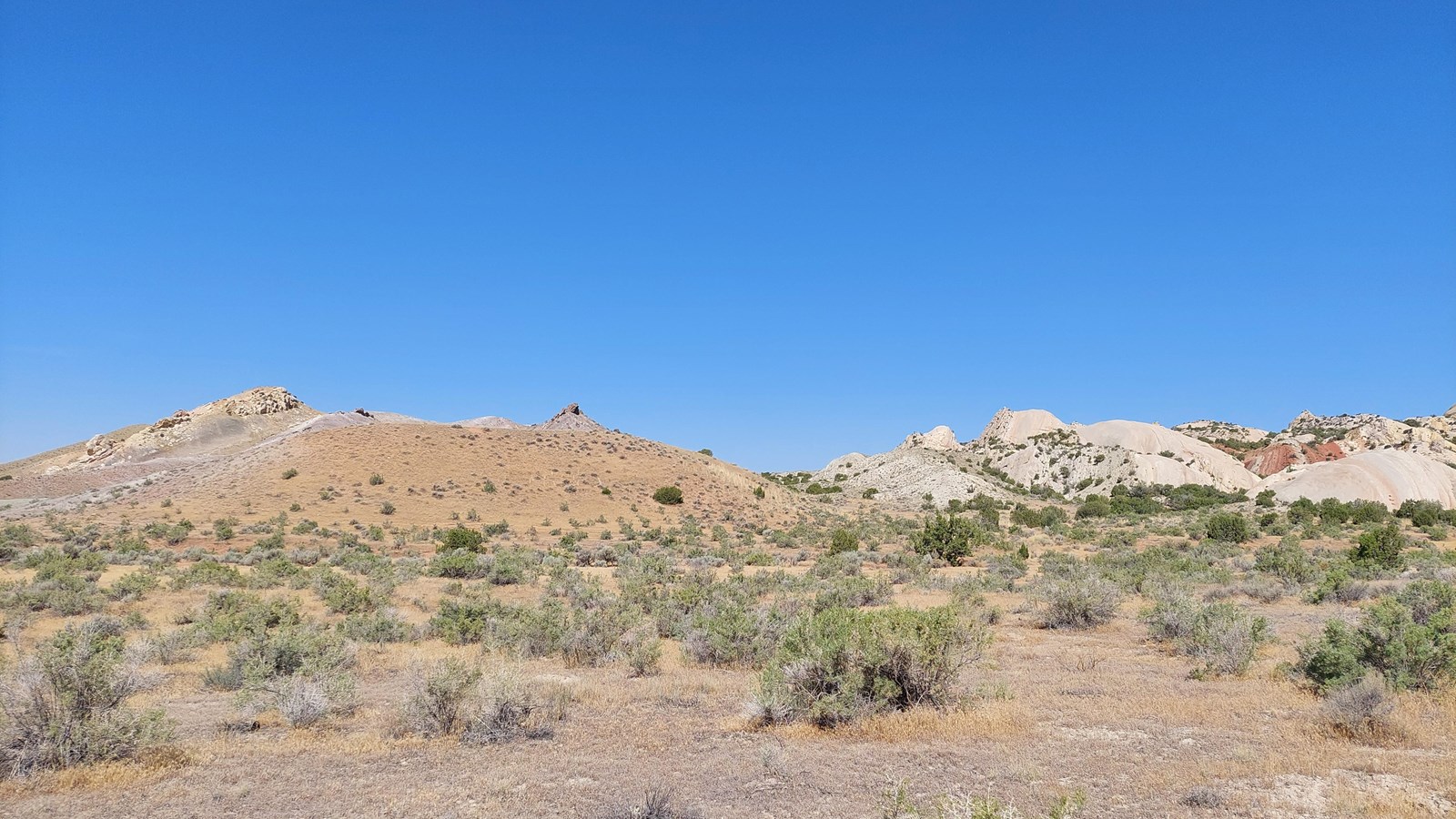 An expansive view of rolling hills with multi-colored sandstones exposed.