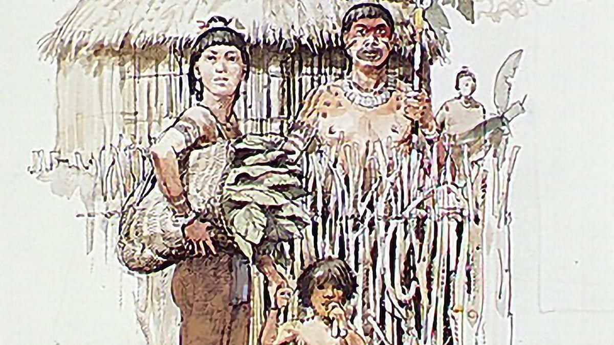 Illustration of a Taíno family with crops and tools outside a traditional bohío.