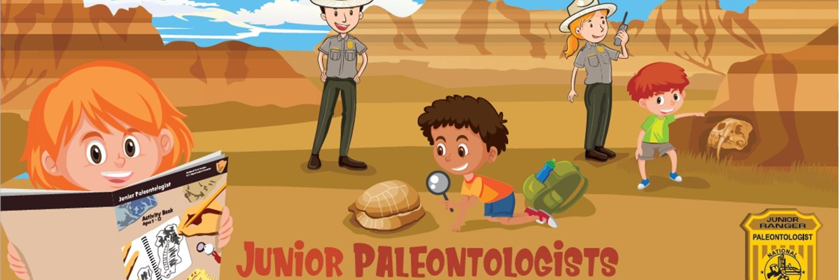cartoon rangers and children explore a field of fossils.