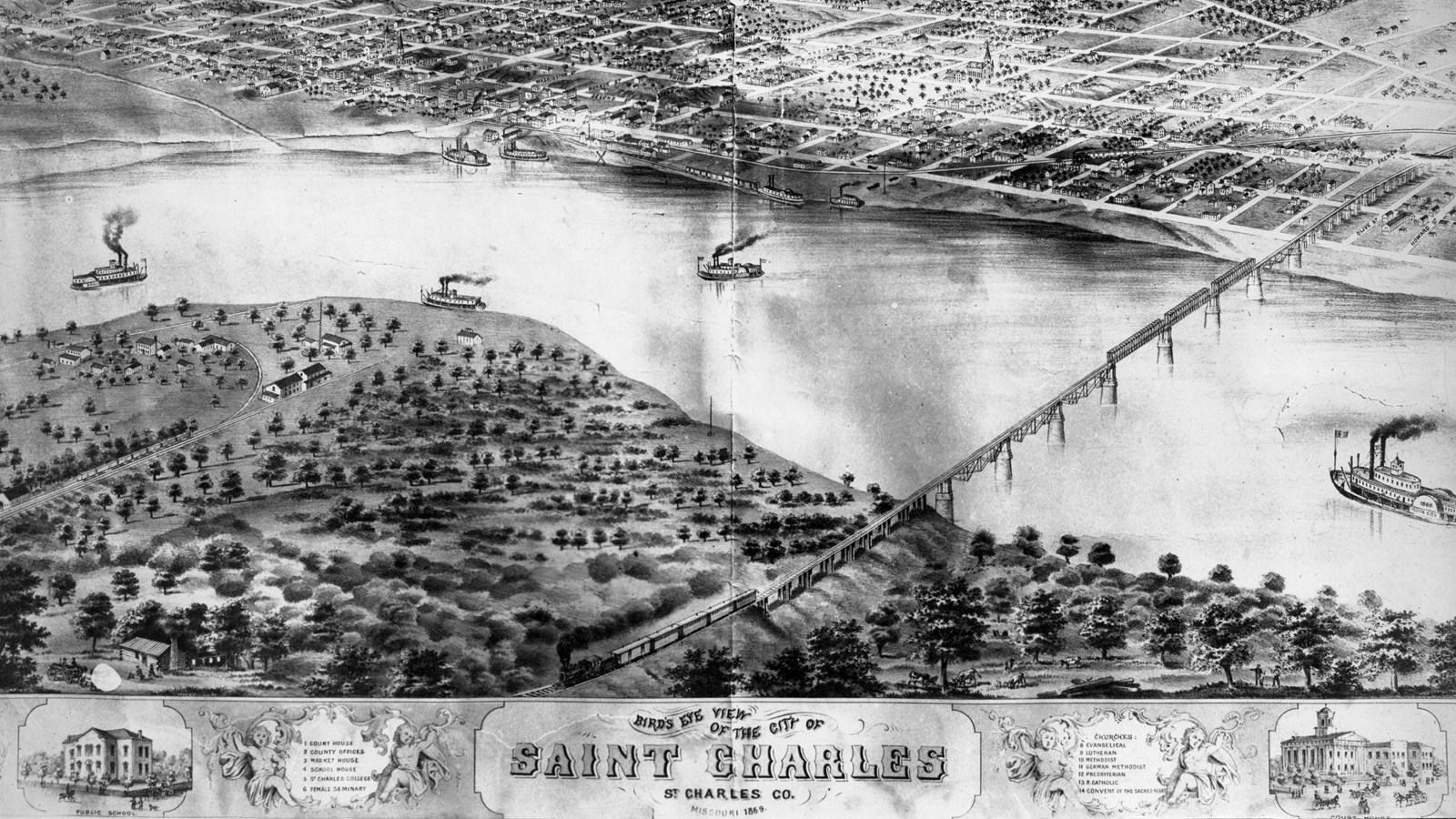 Aerial illustration of St. Charles Missouri, with a river running through the center and town.