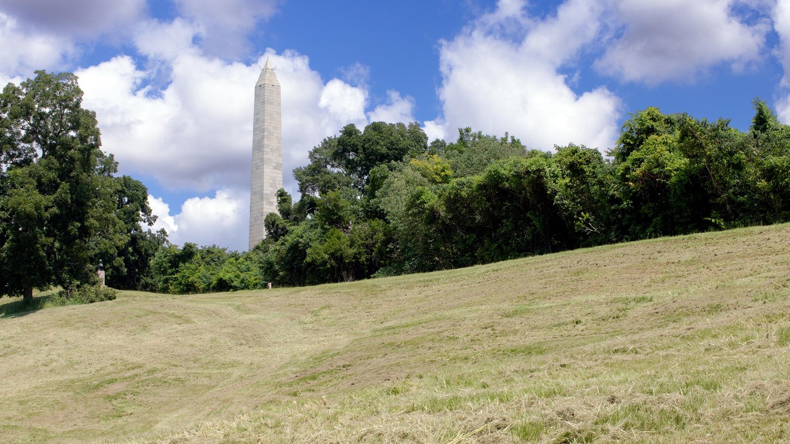 A tan and green grassy hill with trees, a tall obelisk, and blue skies with white clouds.