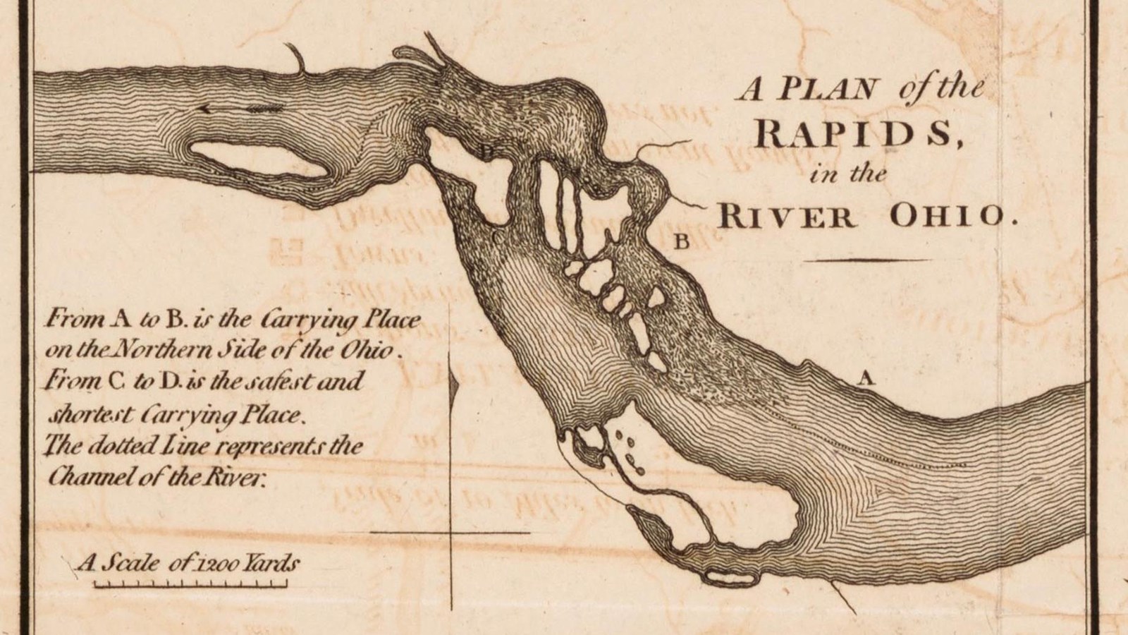 Drawing of the river rapids with instructions on how to get around them. 