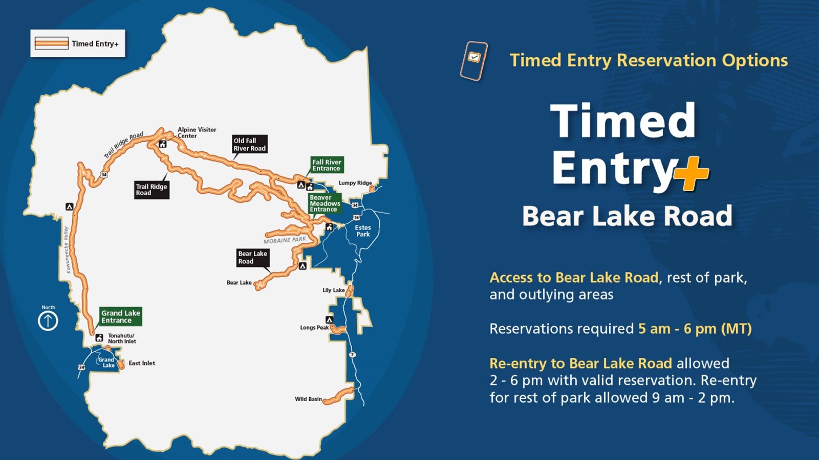 Graphic for Timed Entry + Bear Lake Road with a map of Rocky Mountain National Park