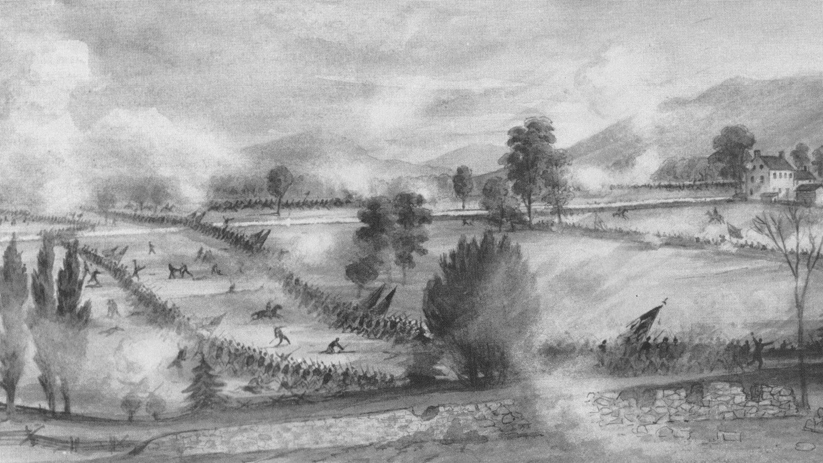 A sketch depicts opposing lines of 1860s soldiers battling amid farm fields.