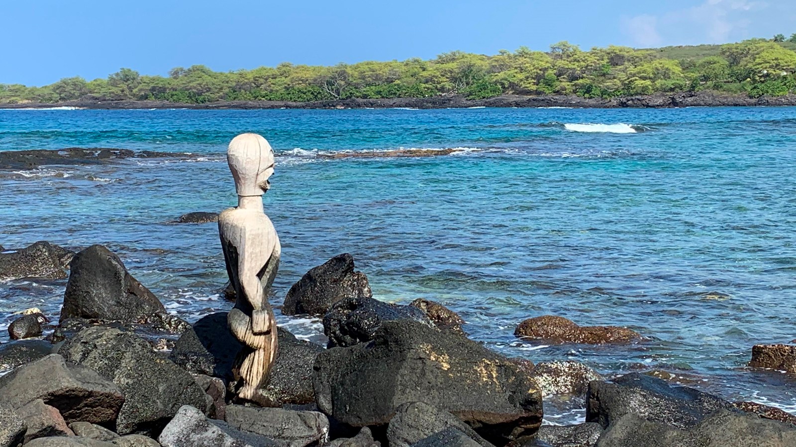 A carved wooden kiʻi image stands on the black lava rock shoreline looking out over the water.