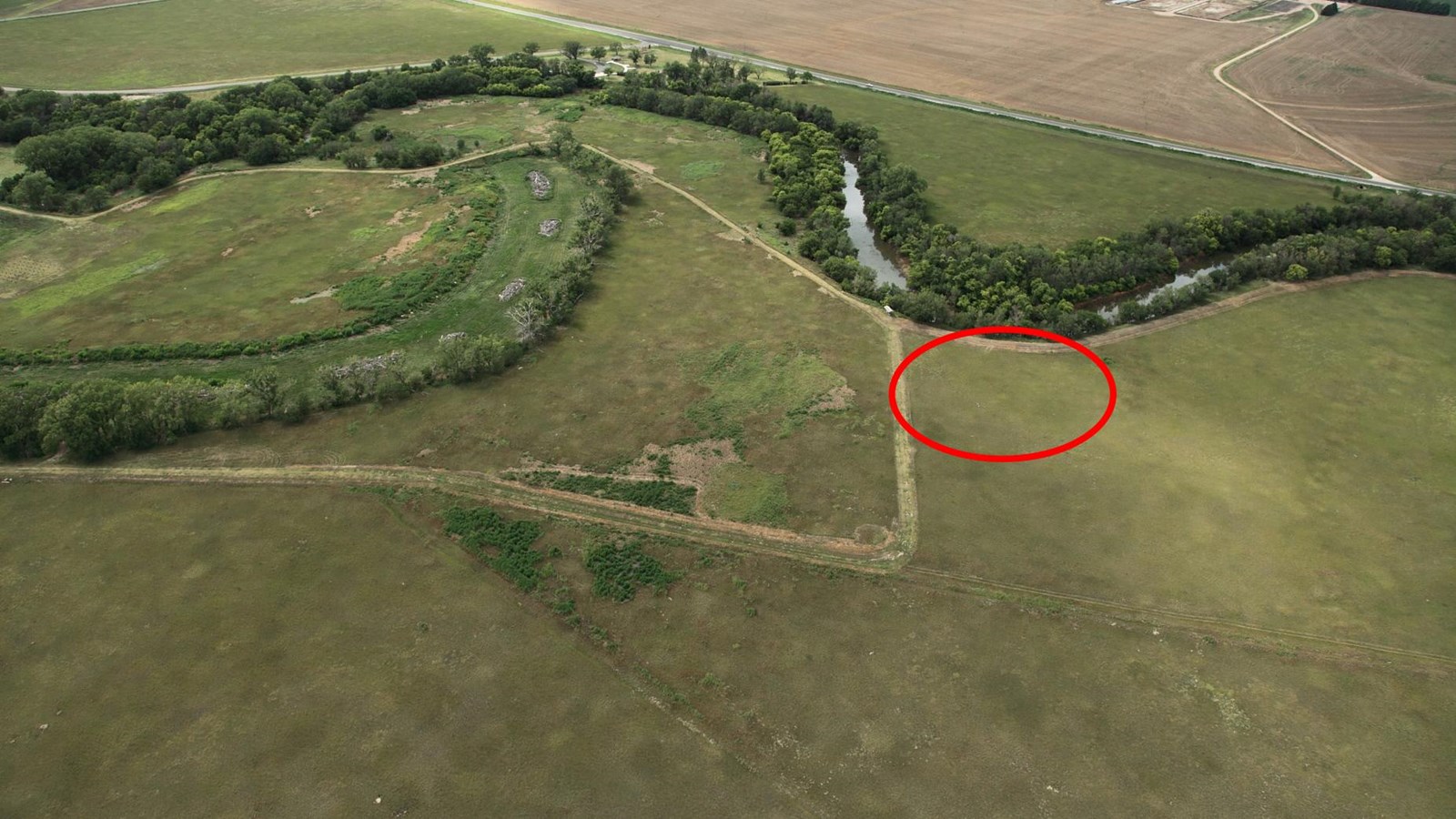 Aerial view of the History & Nature trail with mail station location circled in red.