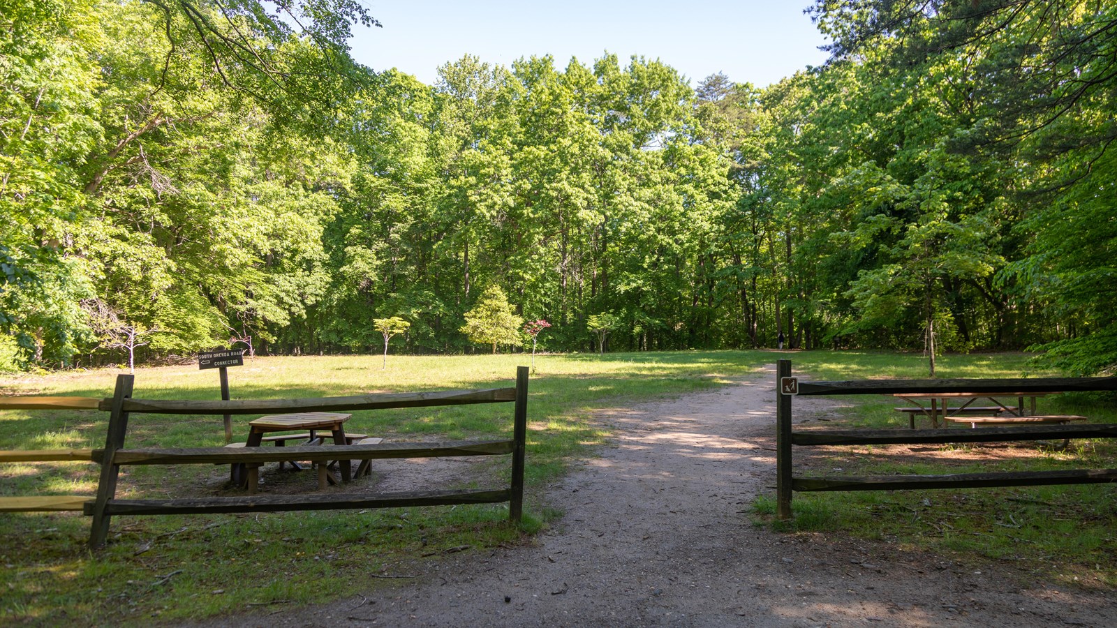 An opening in a wooden fence leads to a dirt trail in a grassy clearing with woods in the distance