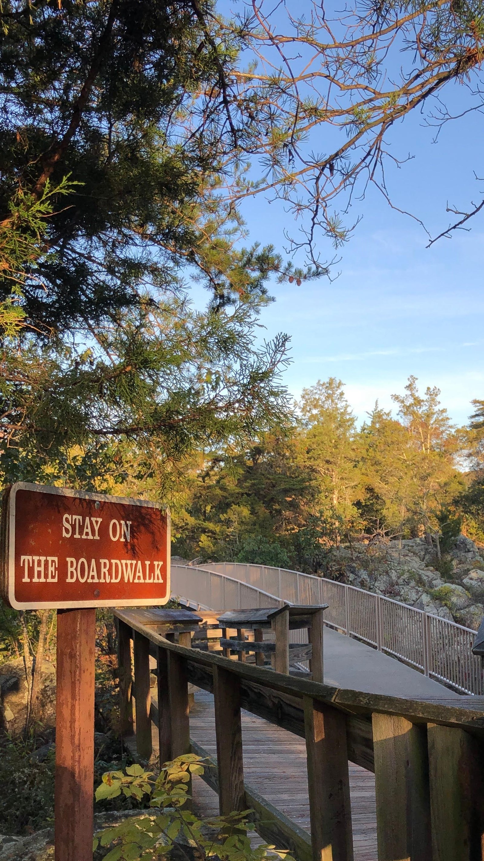Brown \'stay on boardwalk\' sign with boardwalk in distance