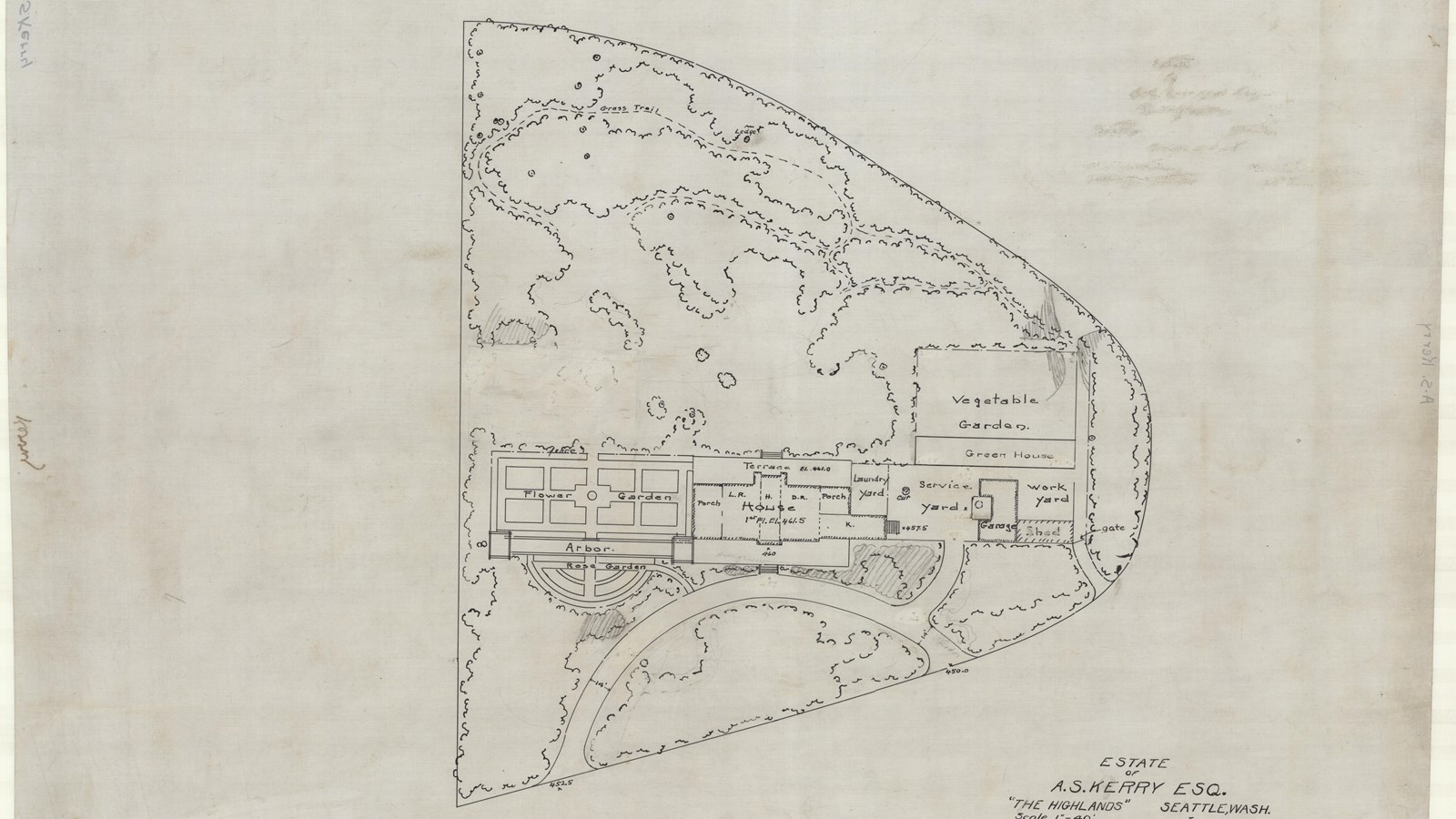 Pencil plan of large estate with flower garden and vegetable garden, with open space with trees