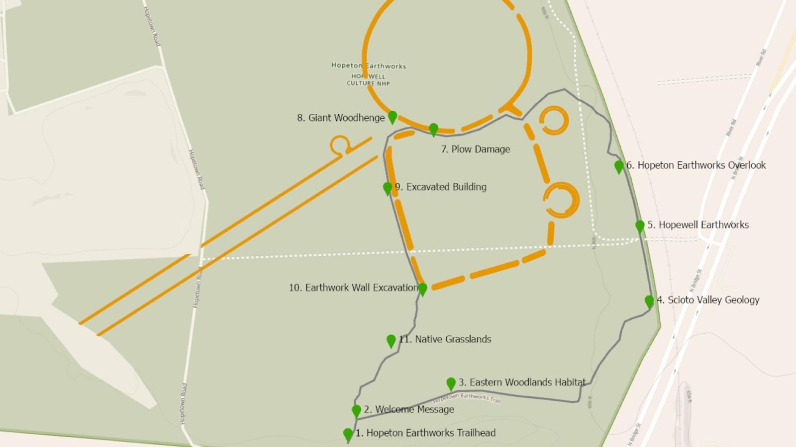 Map Showing earthwork outlines and walking trail stops