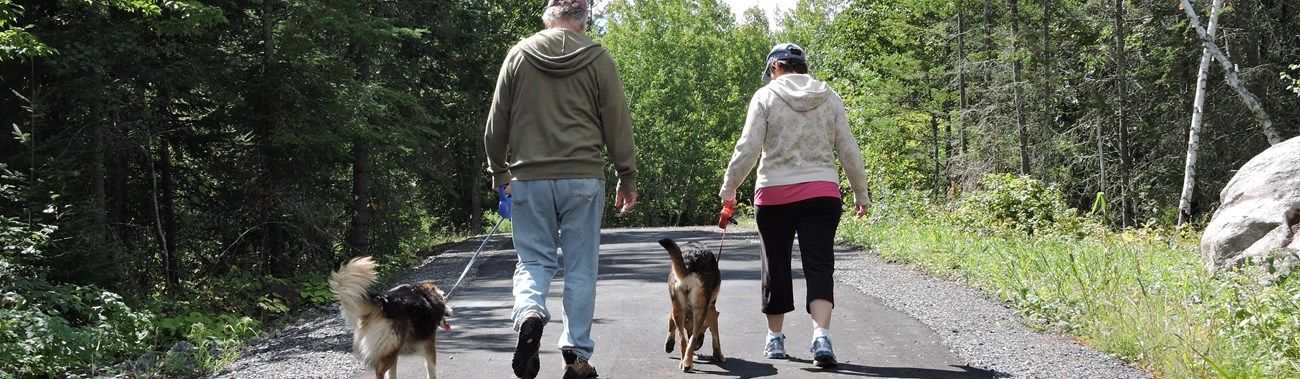 Two visitors walk along the Rainy Lake Recreation Trail, each one with a dog on a leash.