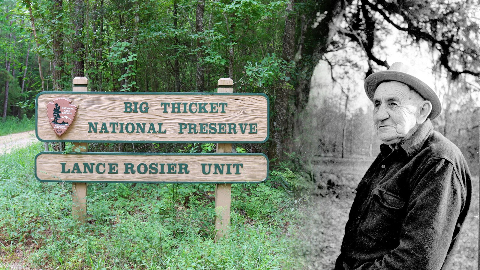 Composite of 2 photos: wooden Lance Rosier Unit entrance sign and black/white photo of Lance Rosier