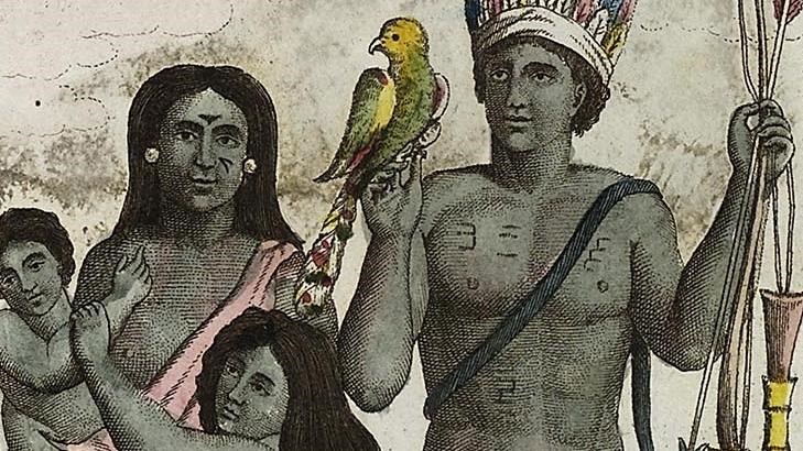 Historical illustration of a Kalinago family with children, weapons, and a parrot.
