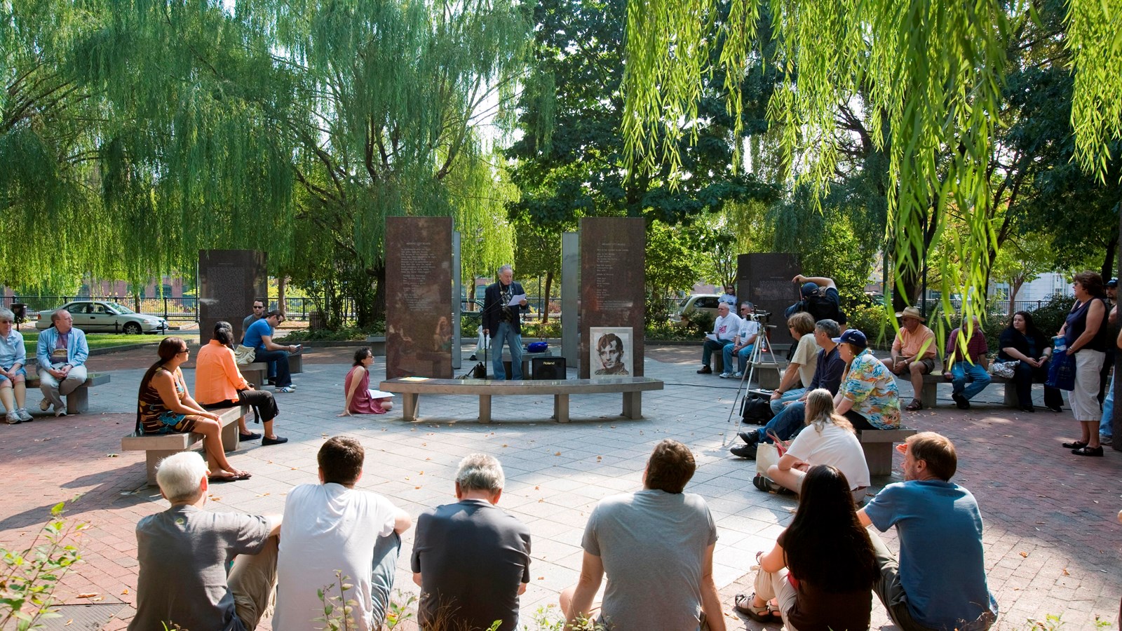 People gathered in Jack Kerouac Park