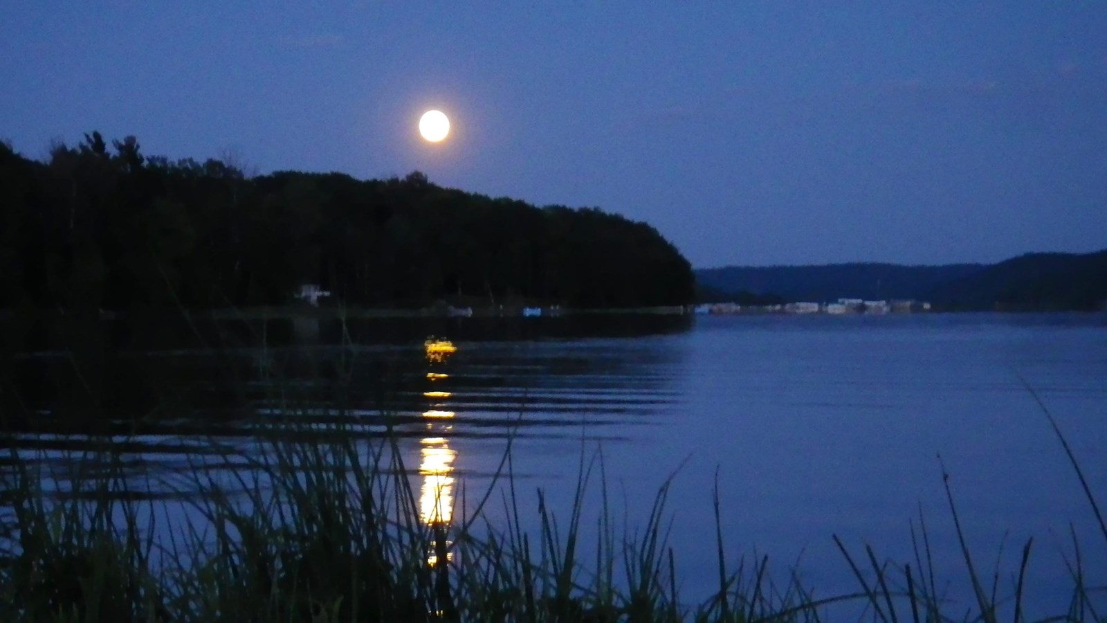 A bright white full moon in a violet sky reflects in violet water as it rises. 
