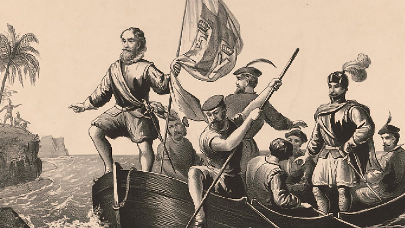 Historical illustration of Columbus and Spanish sailors approaching shore by boat.