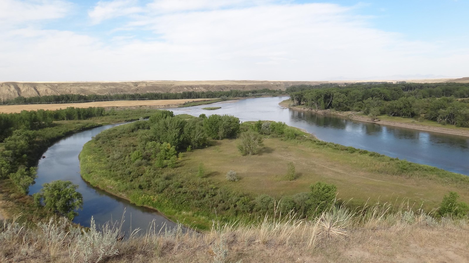 Two rivers split around an island