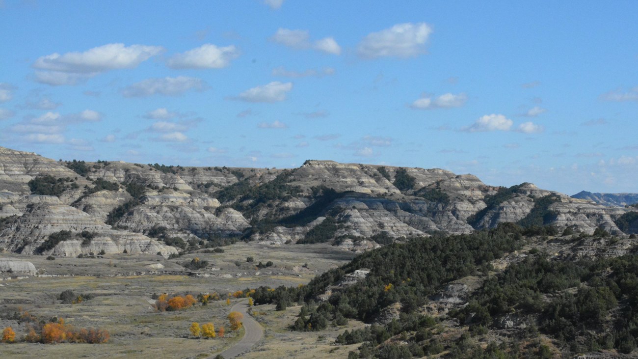 A road winds past buttes, viewed from above.