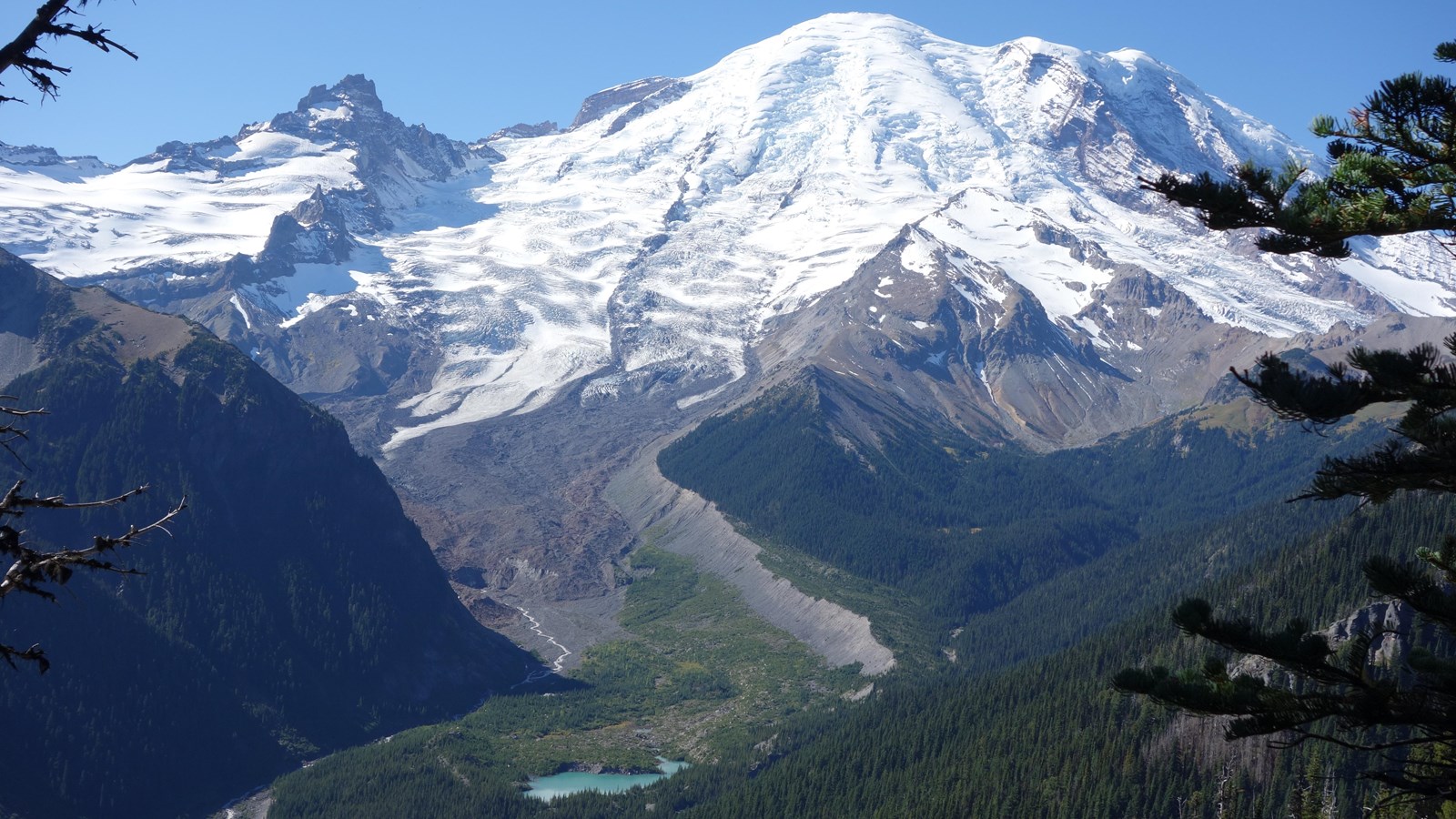 A mountain peaked covered in a large glacier descending into a forested valley.